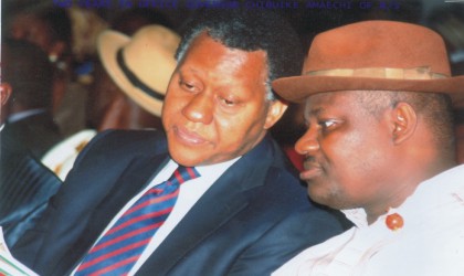 Rivers State Deputy Governor, Engr Tele Ikuru (right) in a chat with the Minister of State for Petroluem, Mr Odein Ajumogobia at the Accountability Forum convoked as part of Governor Amaechi’s second anniversary at the Alfred Diete Spiff Civic Centre, Port Harcourt, last Monday.