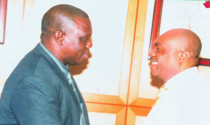 On of the commissioner sworn-in last Wednesday at Government House Port Harcourt, Chief Davis Ibiamu Ikaaya (right) chatting with Special Adviser to the Rivers State Governor On Information Communication Technology (ICT), Mr Goodlife Muekini after the ceremony. Photo: Chris Monyanaga