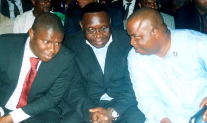 Rivers State Commissioner for Youth Development, Nwaeke Felix Uche (right) chatting with his counterparts for Works, Hon Dakuku Peterside (left) and Social Welfare & Rehabilitation, Hon Joe Philip Poroma (middle) during the 2nd Rivers State Transport Summit at Hotel Presidential, Port Harcourt, yesterday.