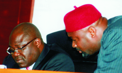 Speaker of Rivers State House of Assembly, Rt. Hon. Tonye Harry (left) listening to Leader of the House, Hon Barr Chidi Lloyd during a sitting of the house last Tuesday. Photo: Chris Monyanaga.