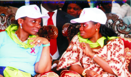 Wife of Rivers State Governor, Dame Judith Amaechi (left), discussing with the National Co-ordinator, National Women Coalition on HIV/AIDS, Mrs Maureen Onyeiwu, during the launching of NAWOCA Rivers chapter, by Mrs Amaechi, at Isaac Boro park, Port Harcourt, last Monday. Photo: Chris Monyanaga