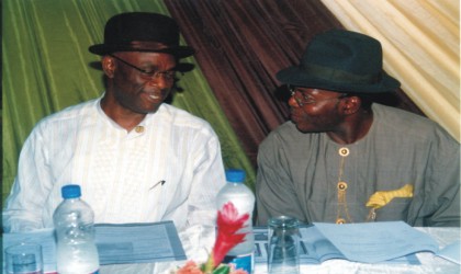 Group Managing Director, Geo-Fluids Plc, Dr Ibanibi (left) exchanging pleasantries with the Director, Chief Emmanuel Ibanichuka at the 2009 Annual General Meeting of Geo-Fluids, at Hotel Presidential, Port Harcourt, on Tuesday. Photo: Nwiu Donatus Ken.