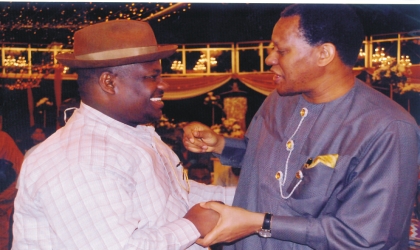 Rivers State Deputy Governor, Engr Tele Ikuru (left), exchanging pleasantries with Minister of State for Petroleum, Mr Odein Ajumogobia, during the Justice Oputa Awards at Thisday Dome, Abuja, recently.