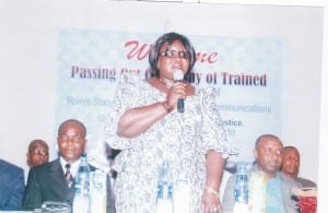 Rivers State Commissioner of Information and Communications, Mrs Ibim Semenitari  addressing the audience at the passing-out ceremony of information officers trained on ICT by the state Ministry of Information, yesterday.                                                                                                                                                  							                                       Photo: Chris Monyanaga