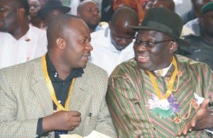 Chairman of the occasion and chairman Greater Port Harcourt Authority, Chief Fred Alabraba (right) conferring with Rivers State Commissioner for Local Government and Chieftaincy Affairs, Hon Tammy Danagogo during the commissioning of the new Iju-Jack Memorial Hall, built by Hon Onari Brown of the Rivers State House of Assembly, at Abonnema, last Saturday.