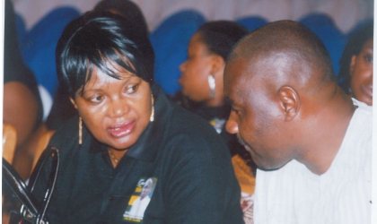 Secretary to Rivers State Government, Hon Magnus Abe (right) conferring with the Head of Service, Rivers State, Mrs Esther Anucha, during the service of songs in honour of late Hon Moses Ahubele, the state Commissioner for Employment Generation and Empowerement at Civic Centre, Port Harcourt, Wednesday. Photo: Chris Monyanaga