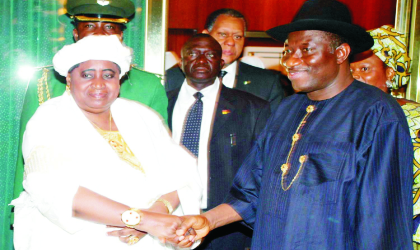 President Goodluck Jonathan (right), welcoming the Gambian Vice President, Aja Aisatou Njie-Saidey, during her condolence and congratulatory visit to the Presidential Villa in Abuja, last Monday.  Photo: NAN