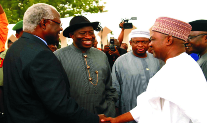 President Ernest Bai Koroma of Sierra Leonian(left) being received by President Goodluck Jonathan (2nd left) and Vice President Designate, Namadi Sambo in Abuja, yesterday. Photo: NAN