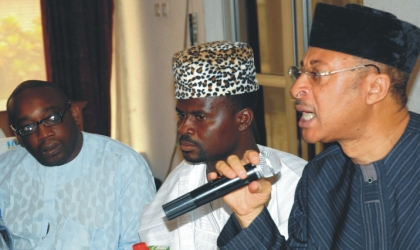 L-R: Son of Late M.K.O Abiola, Jamiu Abiola, Co-ordinator of Action Group of Nigeria, Mr Olawale Okuniyi, and Prof. Pat Utomi at the stakeholders' Colloquium in commemoration of the 17th anniversary of June-12, 1993 in Lagos,last Saturday.