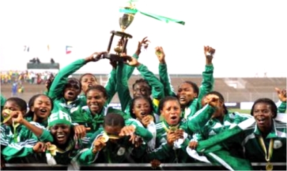 Super Falcons celebrating after winning the AWC title in South Africa, yesterday.