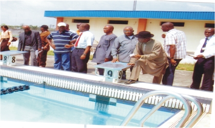 Members of the Main Organising Committee (MOC) and Local Organising Committee (LOC) of the 17th National Sports Festival, inspecting the ultra-modern swimming pool at University of Port Harcourt, one of the facilities for the Garden City Games.