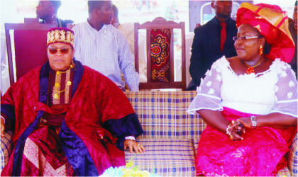 Rivers State Commissioner for Information and Communications, Mrs Ibim Semenitari, who represented Governor Chibuike Amaechi, with the Amanyanabo of Opobo Kingdom, King Dandeson Jaja JP, during the opening ceremony of the 2011 Festival of Opobo International Boat Regatta at Opobo, recently.