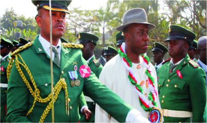 Governor of Rivers State, Rt. Hon. Chibuike Rotimi Amaechi (middle) inspecting a guard of honour at the 2011 Armed Forces Remembrance Day celebration held at the Isaac Boro Park, Port Harcourt, last Saturday.