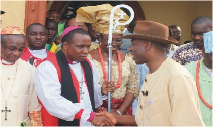 Rivers State Governor, Rt Hon Chibuike Rotimi Amaechi (right) being welcomed by Bishop Solomon Gbaregbara at a special Thanksgiving service by the Supreme Council of Traditional Rulers of Ogoni held in Bori.  