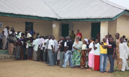 Nigerians queuing up to cast their voters  in the just-concluded National Assembly election, in Gokana Local Government Area of Rivers State, on Saturday.                                                            Photo: Chris Monyanga.