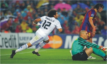 Real’s Marcelo (12) after drawing Madrid level at the Nou Camp last night