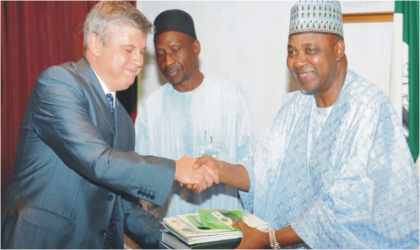 From Left: Russian Ambassador to Nigeria, Mr Alexander Polyakov; Director of Protocool, Office of the Vice President, Mr Ladan Sidi, and Vice President Namadi Sambo, during Vice President's meeting with United Company Rusal, lead by the Russian Ambassador in Abuja on Monday.