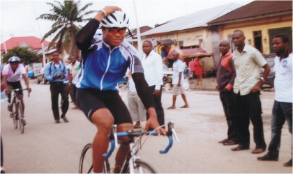 One of the new talents in the National Sports Festival, Edward Osim of Rivers State, during cycling compeition yesterday.