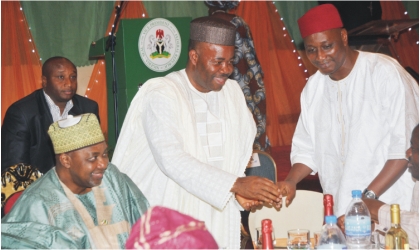 From Left: Vice President Namadi Sambo; Guest Speaker, Governor Godswill Akpabio of Akwa Ibom; and NUJ President, Malam Garba Mohammad, at the N1billon NUJ fund raising dinner in Abuja on Thursday.