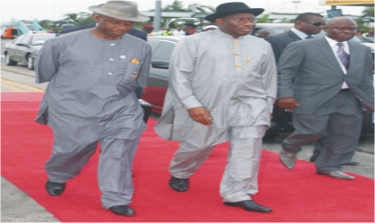 President Goodluck Jonathan (middle) and Rivers State Governor, Rt. Hon. Chibuike Rotimi Amaechi (left) stepping out, shortly after arriving for the opening ceremony of the  17th National Sports Festival, in Port Harcourt, on Sunday.