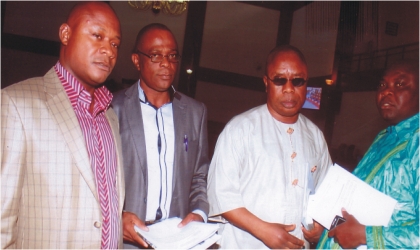 Members of Rivers State House of Assembly. From right, Hon. Evans Bipi, Hon. Okechukwu Nwaogu, Hon. Legborsi Nwidadah and Hon. Miller Anderson  after sitting at the Assembly complex, Monday. Photo: Chris Monyanaga