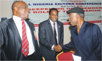 From Left: Former Editor-In-Chief, Newswatch, Mr Ray Ekpu, former Cross River  State Governor, Mr Donald Duke and  the Publisher, Vanguard Newspapers, Mr Sam Amuka, at the opening of the 7th All Nigeria Editors Conference in Benin, yesterday.