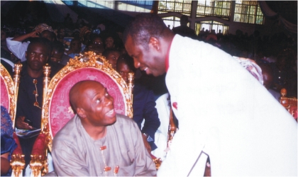 Rivers State Governor, Rt Hon Chibuike Amaechi (left) chatting with General Overseer, Royal House of Grace, Port Harcourt  and Chairman, Christian  Association of Nigeria, Rivers State chapter, Apostle Zilly Aggrey during the Special Thanksgiving Service to mark the fourth Anniversary of the present administration in Port Harcourt, yesterday