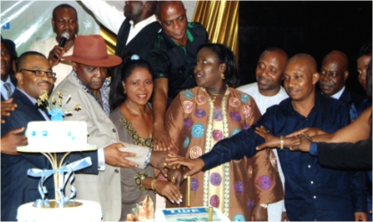 Rivers State Commissioner of Information and Communications, Mrs Ibim Semenitari (middle) assisted by General Manager, RSNC, Mr Celestine Ogolo (left), member, House of Representatives, Hon. Ogbonna Nwuke (2nd left) and other dignitaries, cutting the 40th Anniversary Cake of the Rivers State Newspaper Corporation, during the Gala/Awards Nite, at Hotel Presidential, Port Harcourt, last Friday.