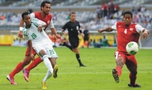 S’Eagles hattrick hero,Nnamdi Odumadi (20) scoring his first goal against Tahiti last Monday.