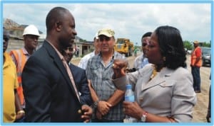 Administrator, Greater Port Harcourt City Development Authority, Dame Aleruchi Cookey-Gam (right), with Rivers State Commissioner for Urban Development and Physical Planning, Dr Tammy Danagogo (left) and Project Manager, GPHCDA (middle), during  a visit to the new Trans-Woji Freeway in Port Harcourt last Monday