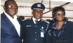 Rivers State Commissioner for Social Welfare and Rehabilitation, Hon Joe Poroma (left), with Deputy Commissioner of Police, Operation, Mr Habila Joshak (middle) and Rivers State Co-ordinator, National Youth Service Corps, Mrs Josephine Oknghae, during the passing out  of Batch B members at Isaac Boro Park, Port Harcourt, yesterday