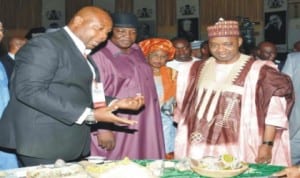 L-R:Prince Charles Osakwe of House of Bezal, Minister of Culture and Tourism, Edem Duke, Minister of Women Affairs, Zainab Maina; Governor Gabriel Suswam of BenueState, and Vice President Namadi Sambo, at an exhibition stand, during the brand launch of Nigeria Fascination In Abuja , last Thursday.