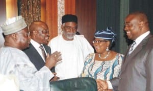  L-R:Govs. Babangida Aliyu of Niger, Emmanuel Uduaghan of Delta, Murtala Nyako of Adamawa, Minister of Finance, Dr Ngozi Okonjo-Iweala  and Gov. Gabriel  Suswam  of Benue, at the National Economic Council meeting in Abuja, yesterday 