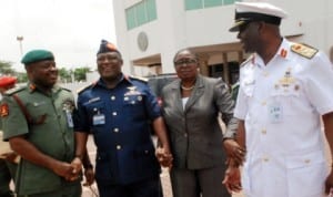 L-R: Chief of Army Staff, Lt.-Gen. Azubuike Ihejirika; Chief of Air Staff, Air Marshal Alex Badeh; Minister of State for Defence, Erelu Olusola Obada, and the Chief of Naval Staff, Vice Adm. Dele Ezeoba, after a meeting with President Goodluck Jonathan, at the Presidential Villa in Abuja, last Monday 