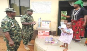 Men and officers of 302 Artillery Regiment, Onitsha in Anambra State, donating gift items and undisclosed amount of cash to motherless babies home in Otuocha, Anambra East LGA, yesterday.