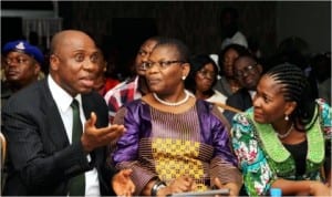 L-R: Rivers State Governor, Rt. Hon. Chibuike Amaechi, former Minister of Education, Dr. Oby Ezekwesili and Founder, Rainbow Book Club,   Mrs Koko Kalango, during the sixth Port Harcourt Book Festival  in Port Harcourt, yesterday. 