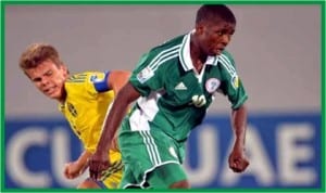 Golden Eaglets playmaker, Iheanacho outwits his Swedish marker in yesterday’s match. 