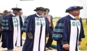  Vice Chancellor, RSUST, Prof Barineme Fakae (right), leading a procession, during a convocation ceremony With him are Visitor to the university, Governor Chibuike Amaechi (left) and the university’s Pro-Chancellor, Justice Adolphus Karibi-Whyte. Photo Chris Monyanaga