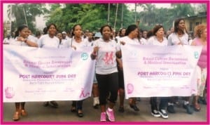 Cross section of participants, during the Breast Cancer awareness and medical sensitisation exercise, organised by Rivers State Government. Deputy Mayor of Port Harcourt, Nancy Stephen-Ijaopo (3rd right) who represented wife of the state governor, leads the train.   Photo: Egberi A. Sampson