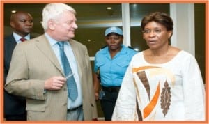 UN Peace-keeping Chief, Herve Ladsous (left), being received by the Special Representative of the UN Secretary-General at the UN operations in Cote d'Ivoire, Ms Aitchatou Mindaoudou in Abidjan last Wednesday.