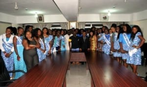 Scretary to the Rivers State Government (middle)  Dr George Feyii with beauty contestants who paid him a courtesy visit in his office