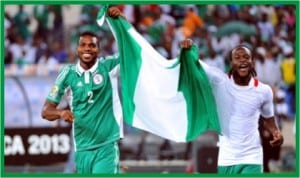 Joseph Yobo and Victor Moses celebrating Nations Cup victory, recently.