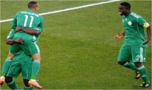 Joseph Yobo (right) and Peter Odemwingie celebrating Eagles victory during their hey days in Eagles squad