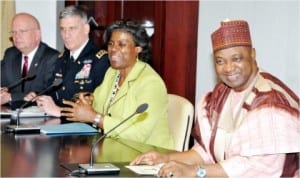 L-R: UU Ambassador to Nigeria, Mr James Entwistle, Commander, UU Africa Command (USAFRICOM), Gen. David Rodriguez, US Secretary for the  Bureau of African Affairs, Linda Thomas-Greenfield and Vice President Namadi Sambo, during a meeting at the Presidential Villa in Abuja, last Wednesday.