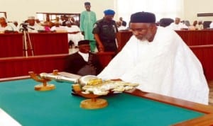 Governor Murtala Nyako of Adamawa State, placing the 2014 Budget proposal before the State House of Assembly in Yola, last Friday. 