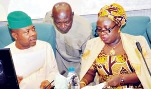 L-R: Deputy Speaker, House of Representatives, and Chairman, ad-hoc Committee on Review of the 1999 Constitution, Rep. Emeka Ihedioha, Chairman, House Committee on Rules and Business, Rep. Albert Tsokwa and House leader, Rep. Mulikat Akande-Adeola, during the committee's public hearing in Abuja, recently. Photo: NAN