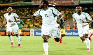 Super Eagles’ Victor Moses (11) leads celebrations against the Walya Antelopes of Ethiopia during the 2014 World Cup African final leg play off in Calabar, in October