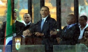 President Barack Obama of United States (middle), addressing the crowd during the Memorial Service in honour of Late Nelson Mandela last Tuesday.