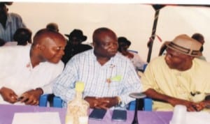 President, Orugbum Development Council, Dr Cyprian Oparaodu (left),  with Secretary, Rebisi Council of Chiefs, Chief Christopher Wonodi (right),  during the sendforth ceremony organised by the body at Ogbunabali Civic Centre, Port Harcourt, recently.  With them is  former Permanent Secretary , Chief Tony Wokekoro. Photo: Obinna Prince Dele