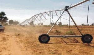 One of the Centre Pivot Irrigation Equipment being installed by an American agro firm at a farm site on Maiduguri-Kondaga Road under the Borno State agricultural transformation programme last  Monday. The unit moves in circle to water crops in dry season.                                      Photo: NAN